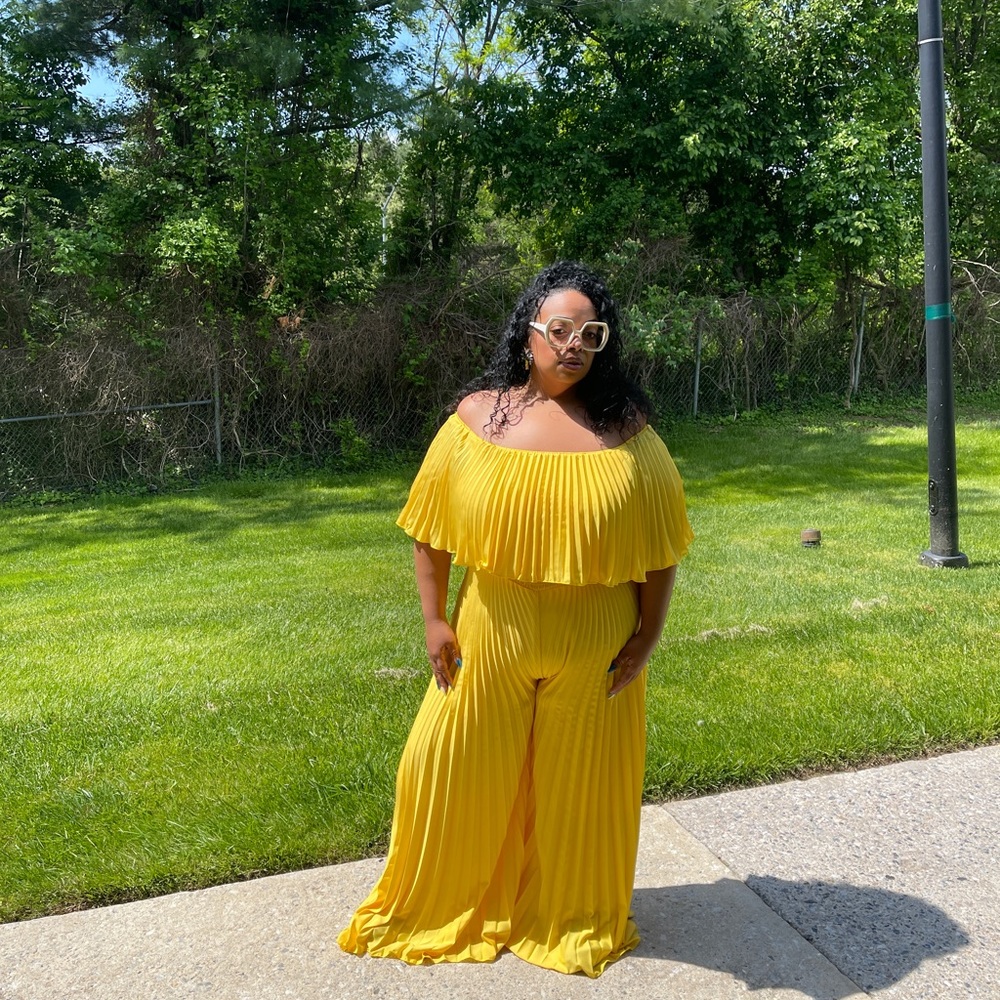 Green Orange Yellow off the shoulder wide jumpsuit - Picture 5 of 7